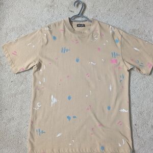 Tan T-Shirt with Abstract Paint Splatter
